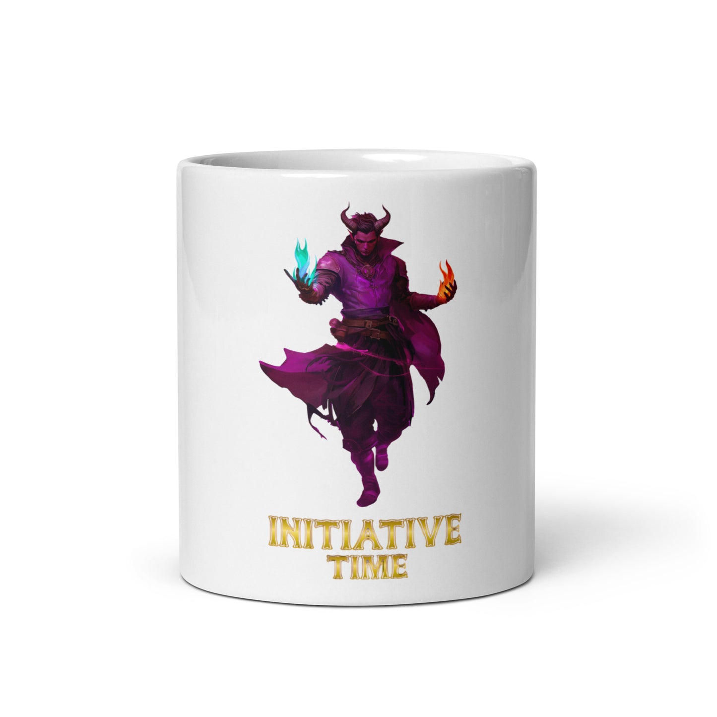 Hand-drawn fantasy Tiefling character illustration wrapping around a premium white glossy ceramic coffee mug. Collectible D&D and tabletop RPG merchandise.