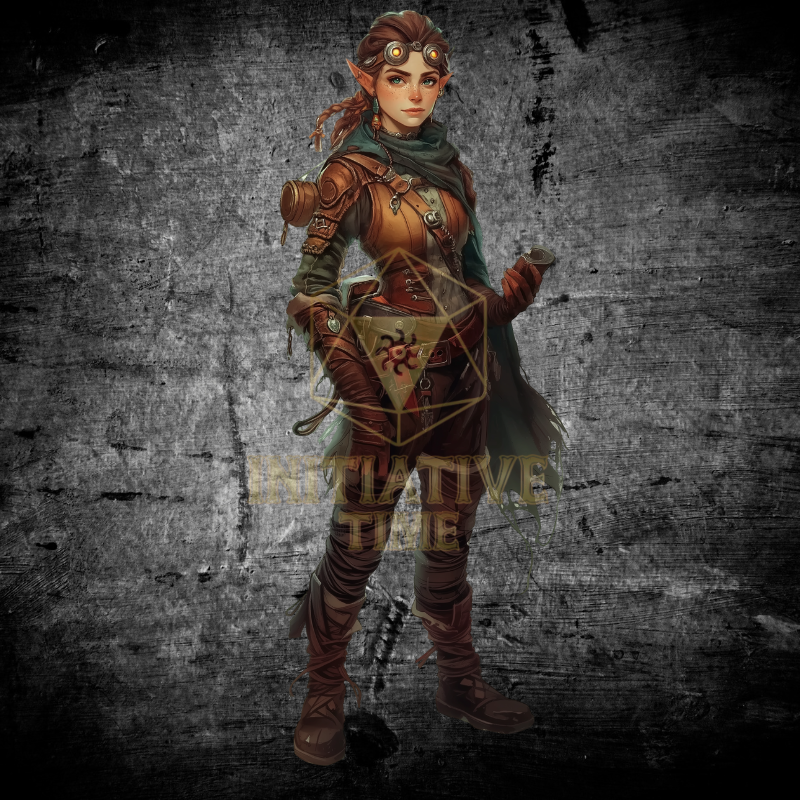 Gnome Artificer character design for RPG players. Hand-drawn fantasy art style on a dark textured background with a d20 logo.