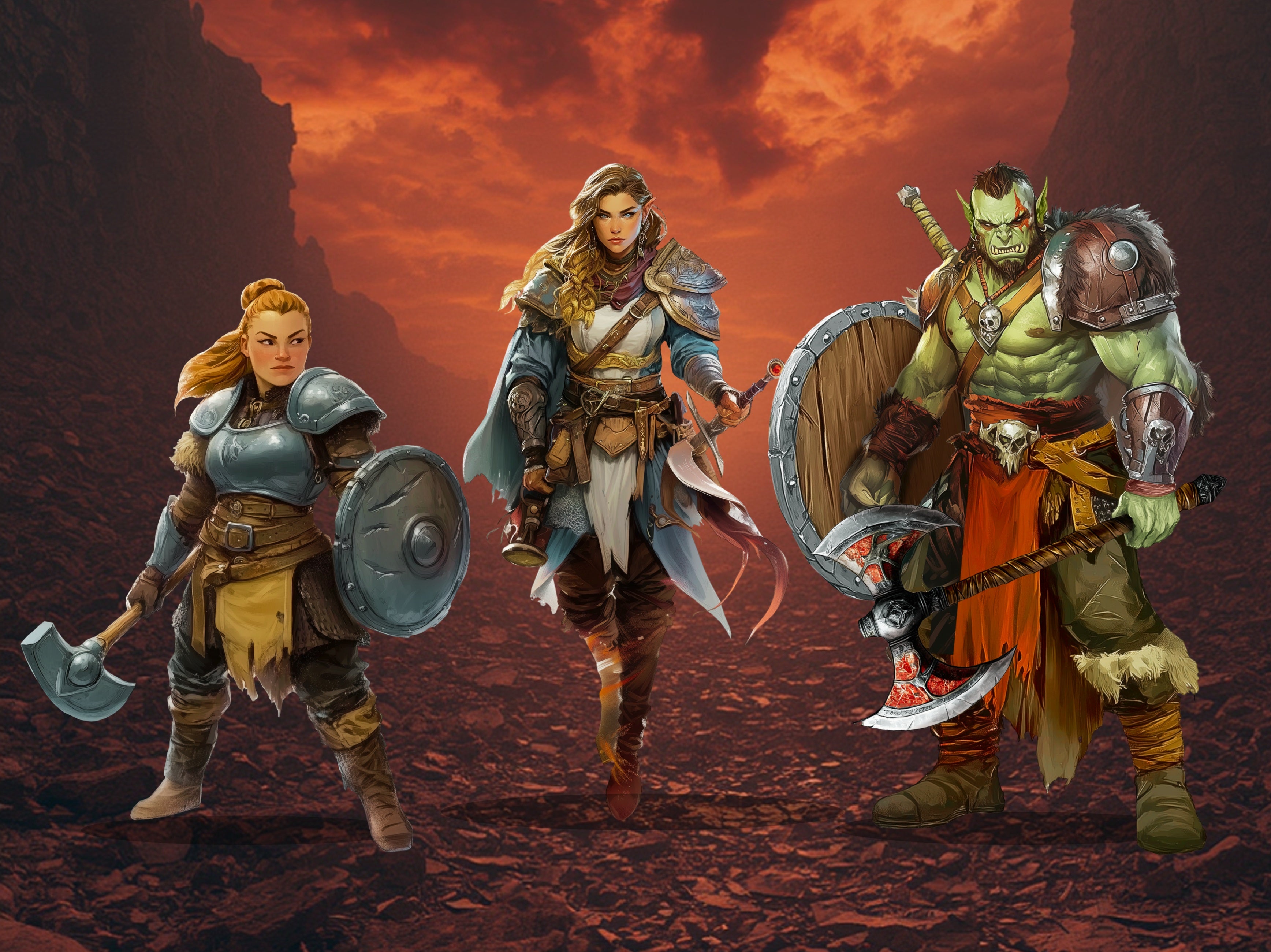 Three fantasy tabletop RPG characters against a volcanic red sky. Features a female Dwarf Cleric with a warhammer, a human hero in ornate armor with a sword, and a large green-skinned Orc Barbarian with a massive greataxe and shield