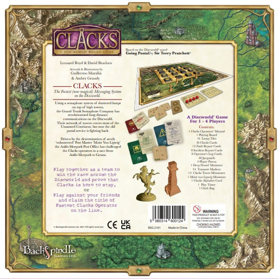 Discworld Clacks board game box back | Backspindle Games