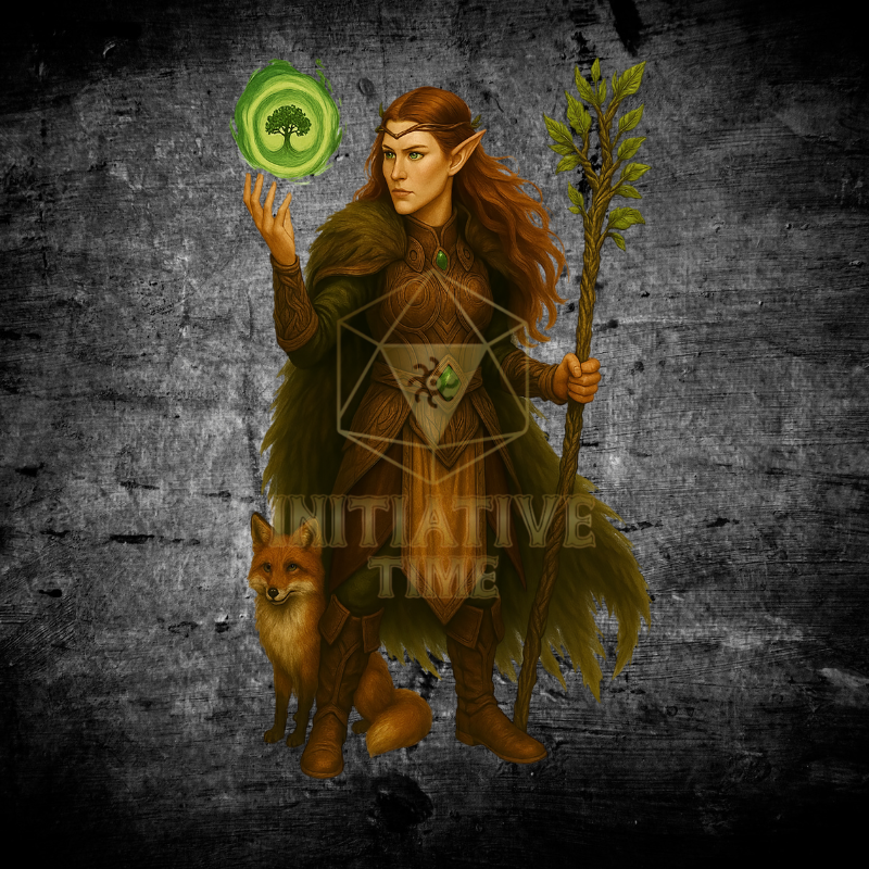 Elf Druid character design for RPG players. Hand-drawn fantasy art style on a dark textured background with a d20 logo.