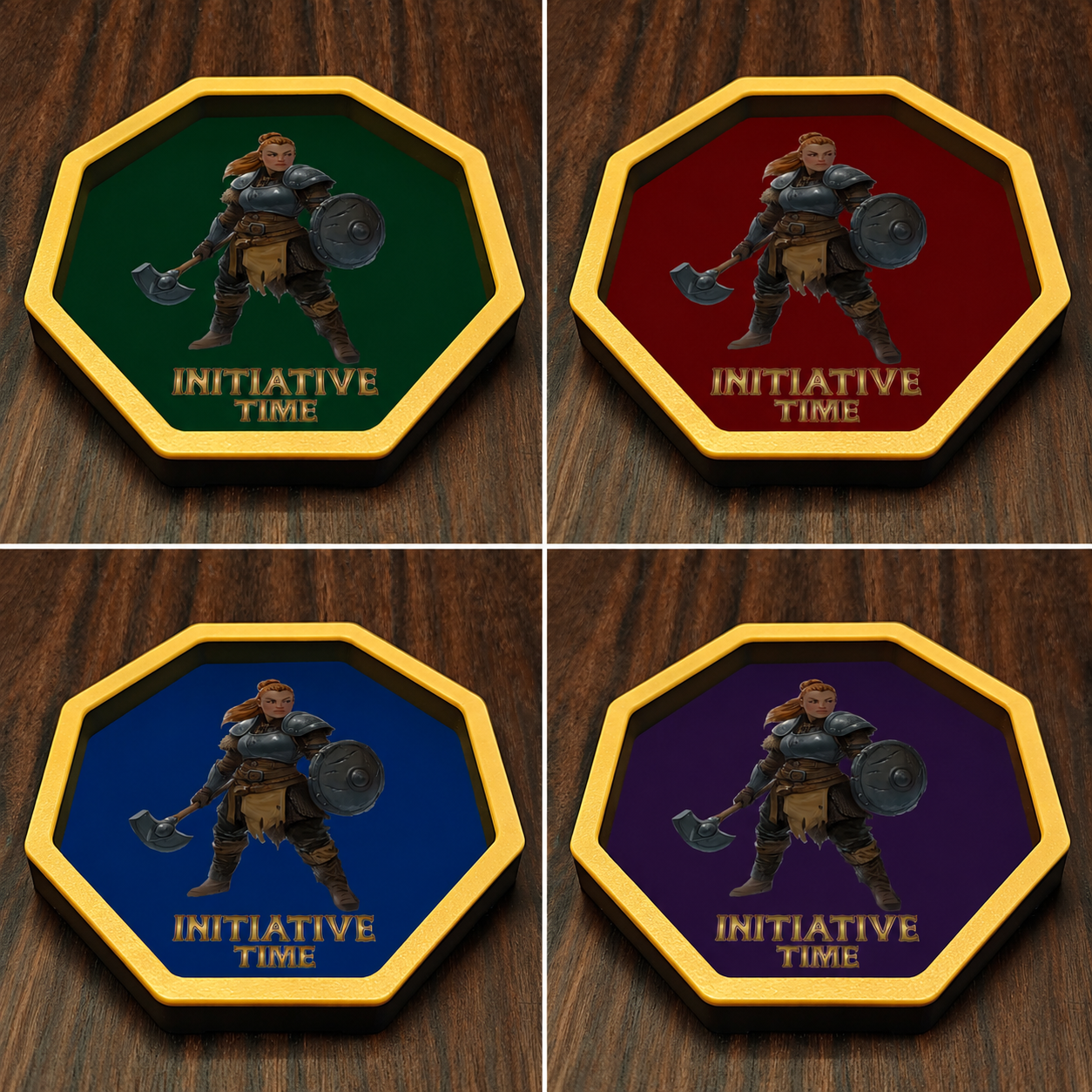 Initiative Time octagonal RPG dice trays featuring a Dwarf Cleric design in green, red, blue, and purple Dnd gift options.