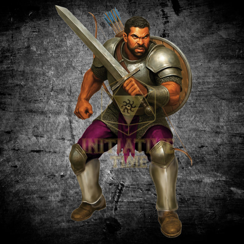 Human Fighter with a sword and shield for RPG players. Hand-drawn fantasy art style on a dark textured background with a d20 logo.