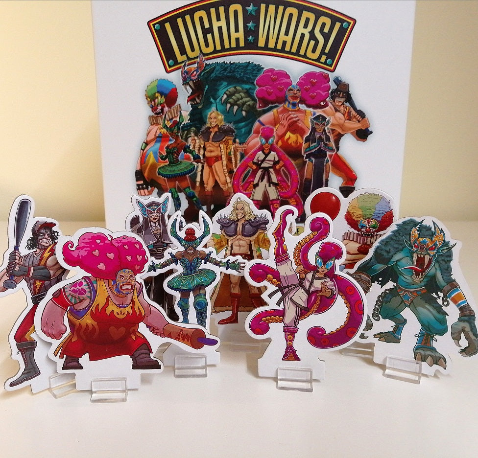 Lucha Wars standee wrestlers and the box cover