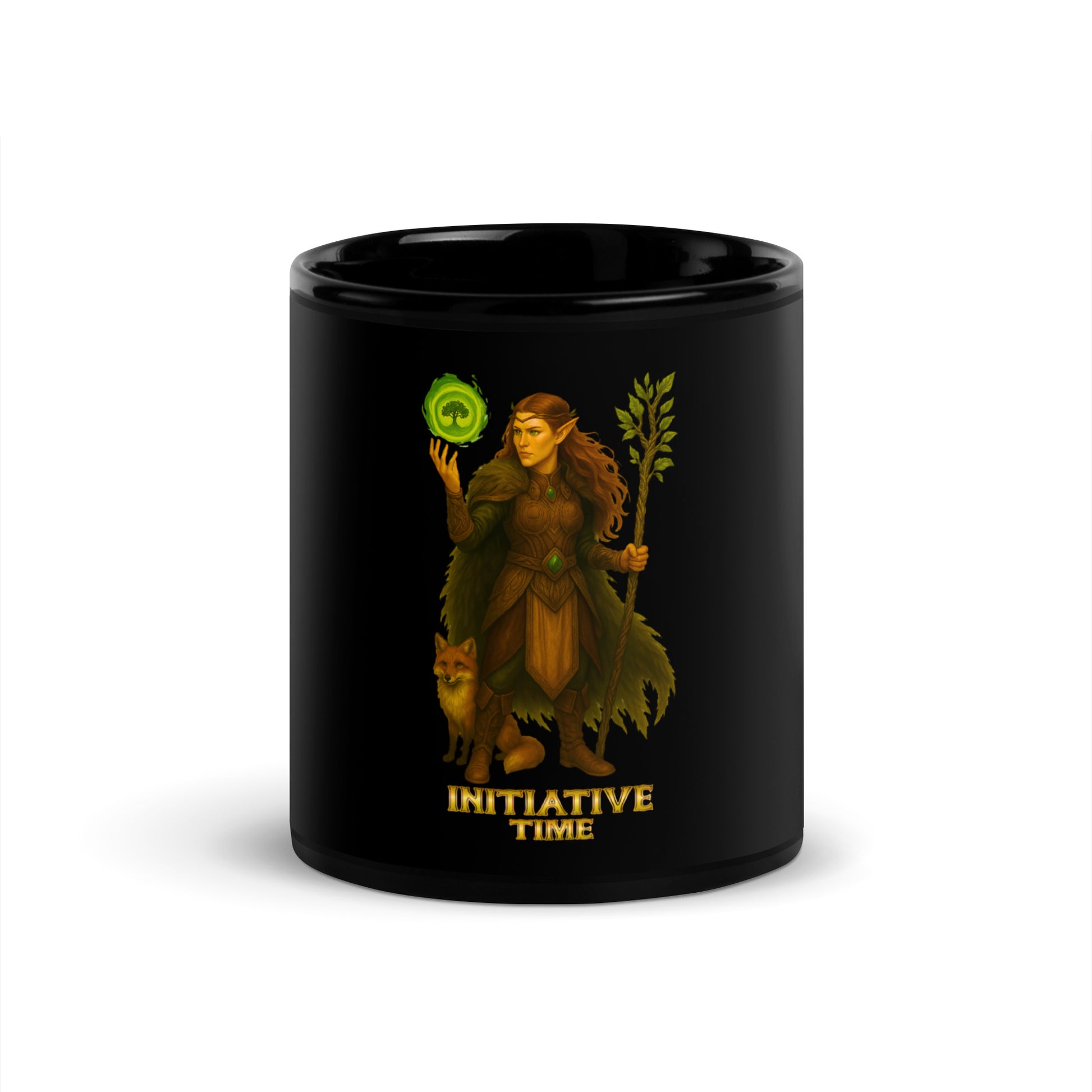 Initiative Time Elf Druid Black Glossy Mug - DnD RPG Merchandise - Backspindle Games