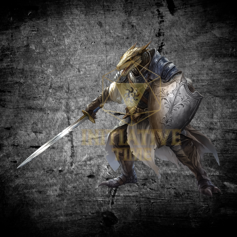 Dragonborn Paladin in heavy plate armor for RPG players. Hand-drawn fantasy art style on a dark textured background with a d20 logo.