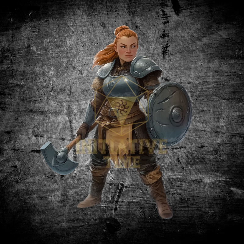 Dwarf Cleric with a holy mace for RPG players. Hand-drawn fantasy art style on a dark textured background with a d20 logo.