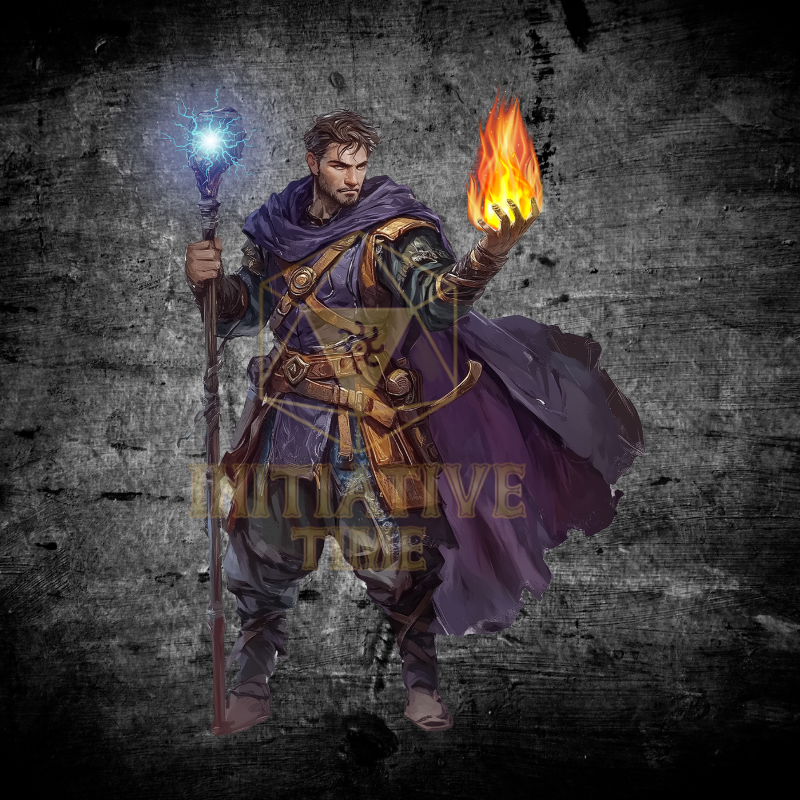 Human Sorcerer casting a spell for RPG players. Hand-drawn fantasy art style on a dark textured background with a d20 logo.