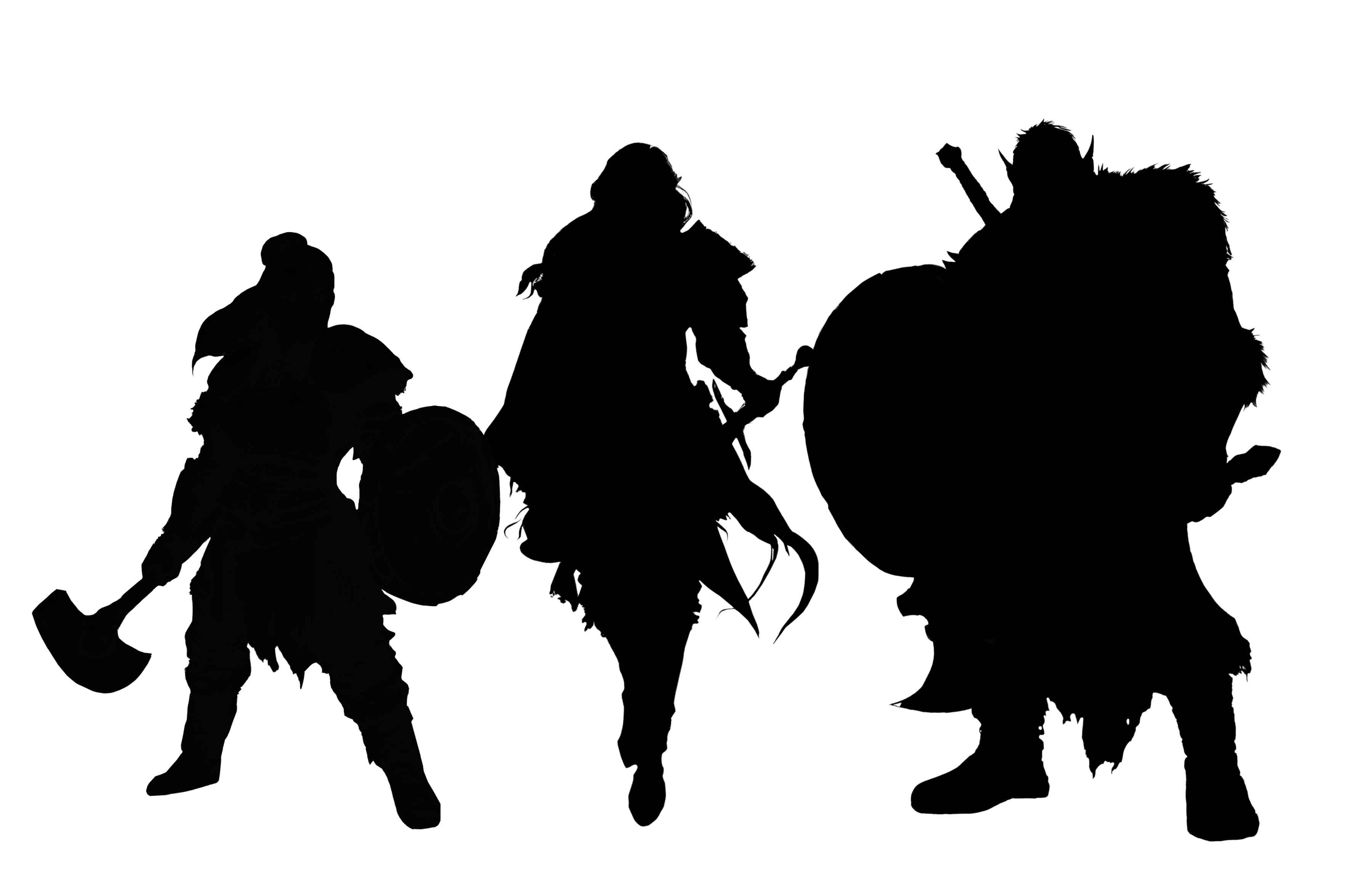 Three mysterious character silhouette outlines for Initiative Time tabletop RPG merchandise line by Backspindle Games, including Barbarian, Rogue, and Sorcerer options for D&D gaming accessories