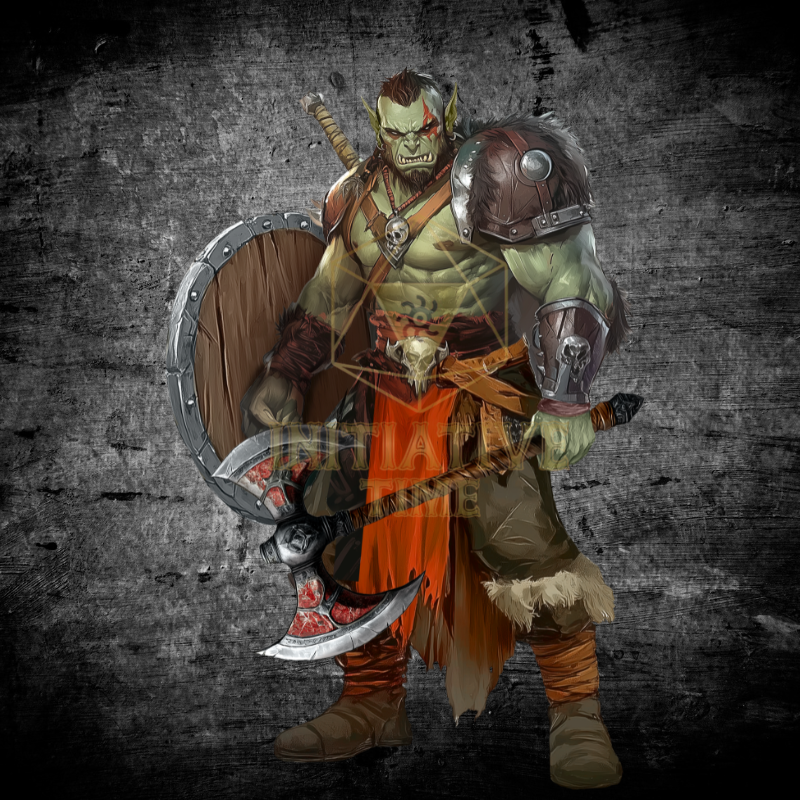 Orc Barbarian with a battleaxe for RPG players. Hand-drawn fantasy art style on a dark textured background with a d20 logo.
