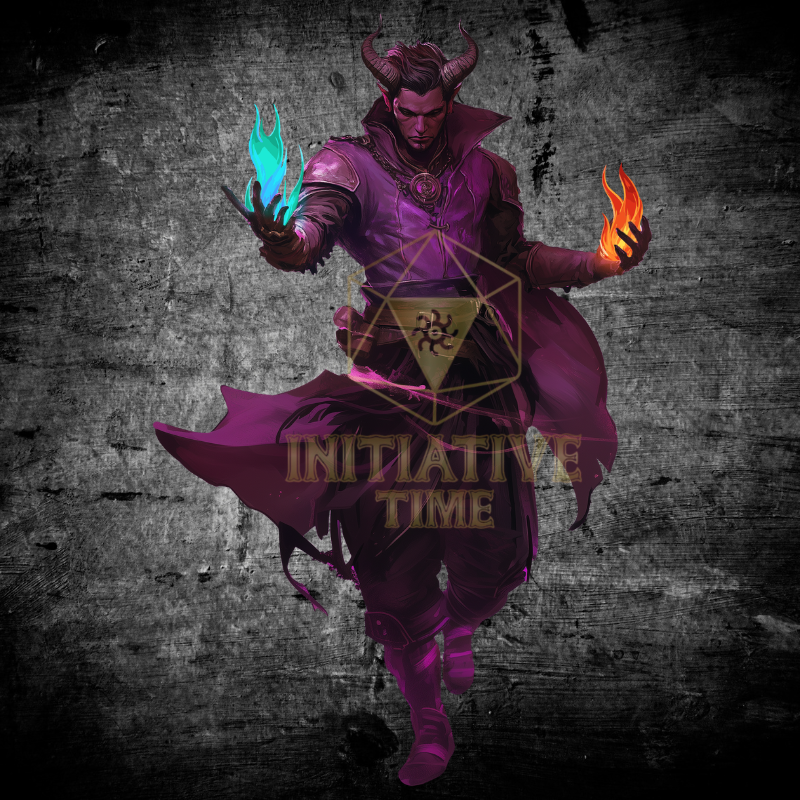 Tiefling Warlock character design for RPG players. Hand-drawn fantasy art style on a dark textured background with a d20 logo.