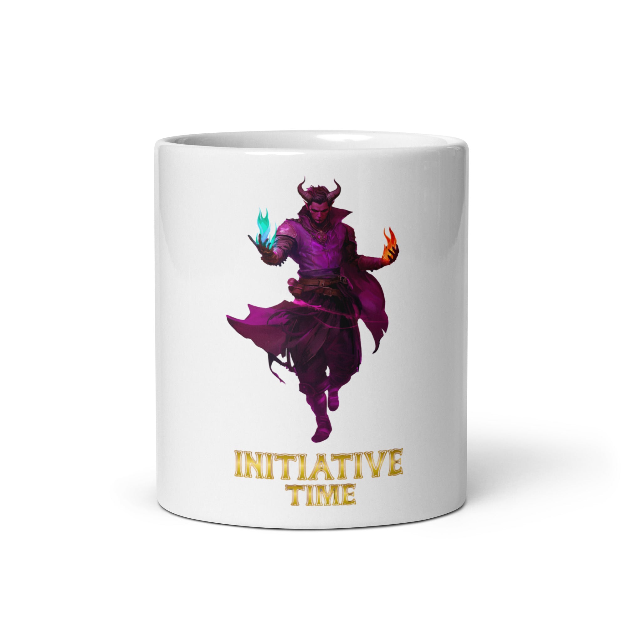 Hand-drawn fantasy Tiefling character illustration wrapping around a premium white glossy ceramic coffee mug. Collectible D&D and tabletop RPG merchandise.