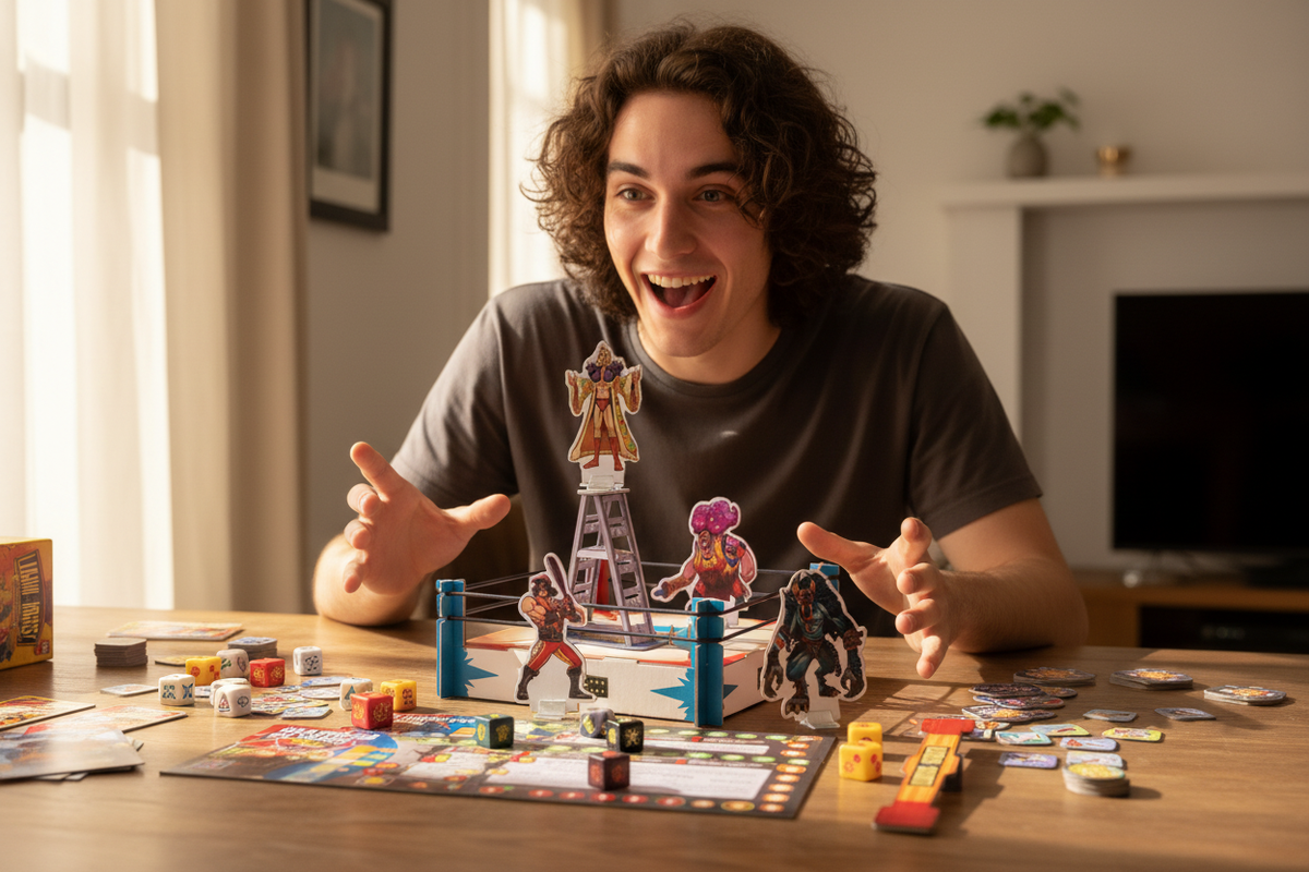Young person playing the actual Lucha Wars dice-wrestling game